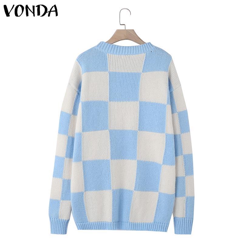 VONDA Autumn Women Round Neck Long Sleeve Plaid Pullover Long Sweaters