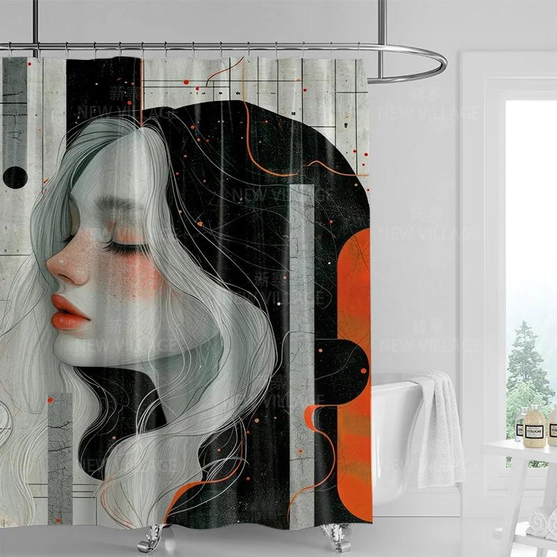 Modern Art Graffiti Shower Curtain Suit Waterproof Curtain 12 Hook Nordic Style Bathroom Bathtub Dual-Use Shower Curtain
