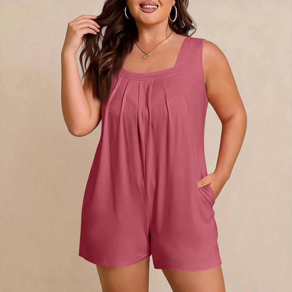 Women's Plus Size Casual Tank Top Sleeveless Pocket Jumpsuit Shorts Set