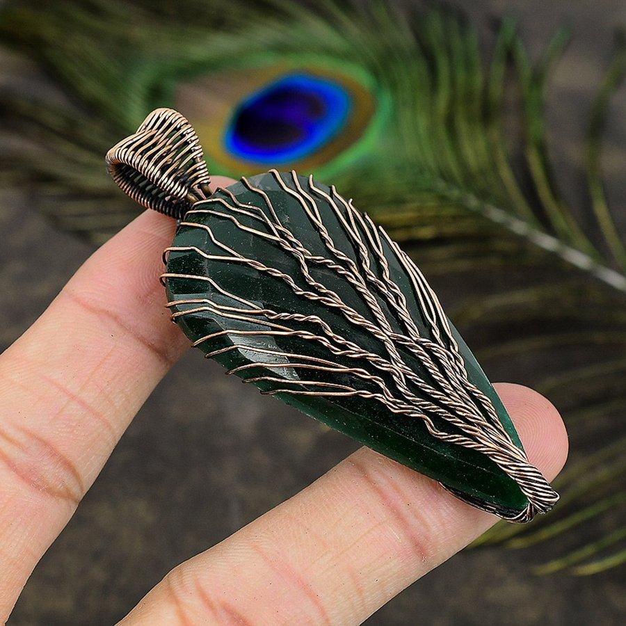 Emerald Natural Gemstone Handmade Copper Wire Wrap Pendant 3.03" W3B71