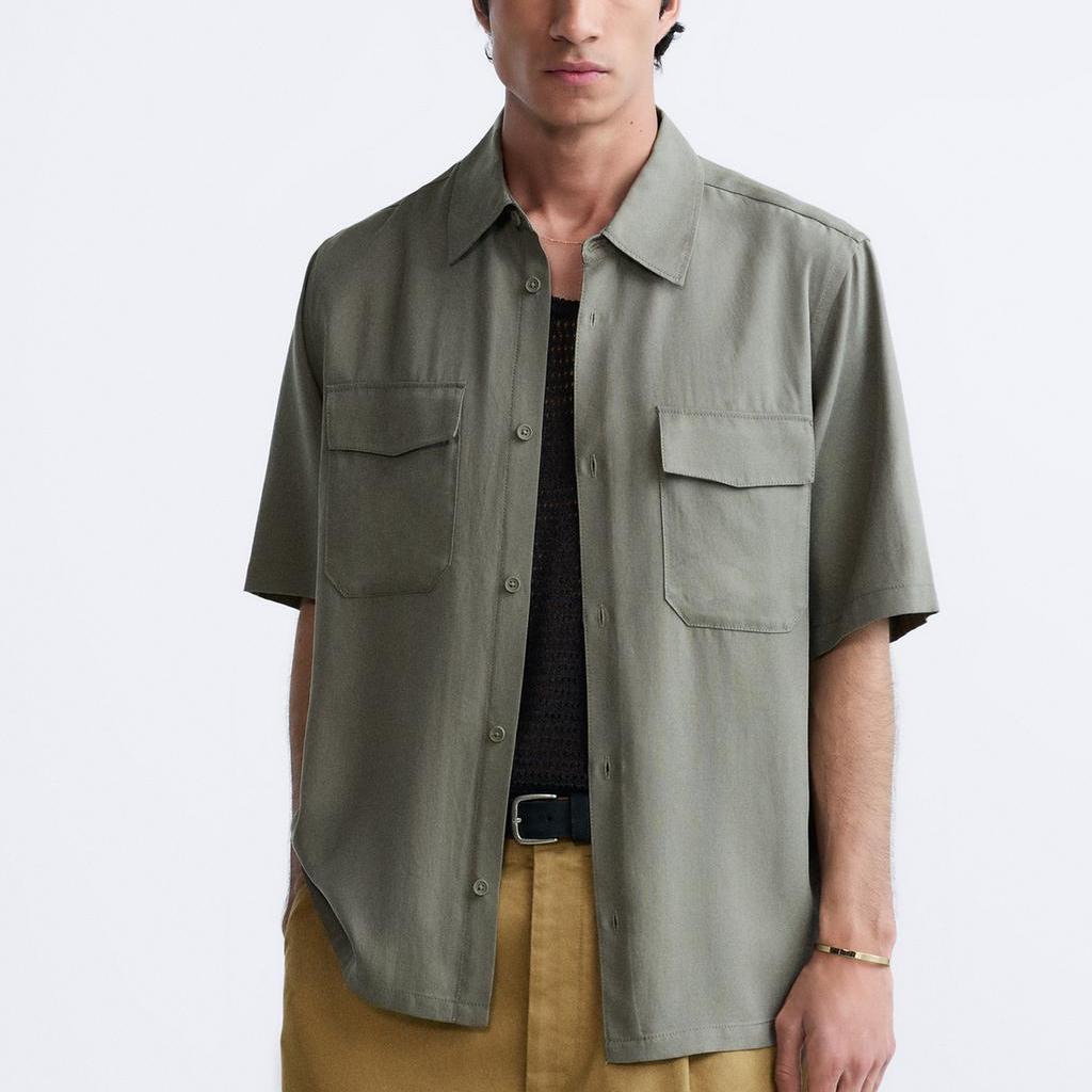 Zara Solid Color Casual Loose Short Sleeve Shirt Men Shirts Khaki 4432491-505