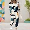 Women Plus Size Round Neck Long Sleeve Printed Two Piece Set Black White Cuffed Top Cuffed Pants With Pockets
