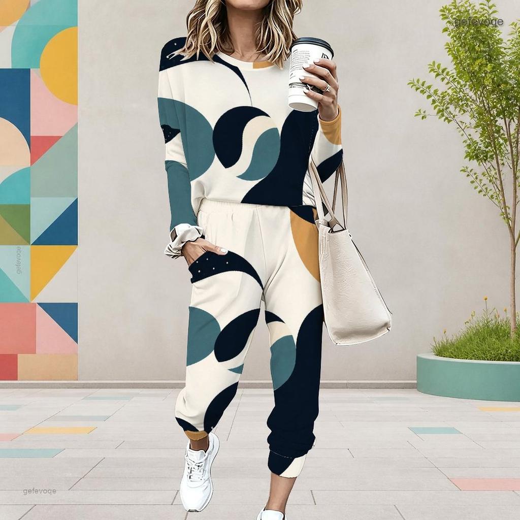 Women Plus Size Round Neck Long Sleeve Printed Two Piece Set Black White Cuffed Top Cuffed Pants With Pockets