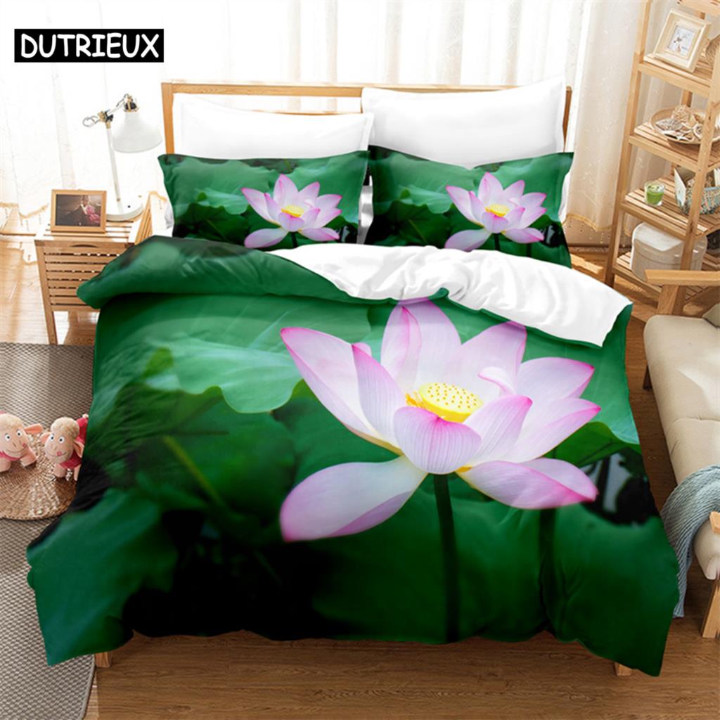 Pink Lotus Queen Bedding Set Green Duvet Cover Set Kids Bedding Digital Printing Bed Linen King Size Duvet Cover Set Bedding Set