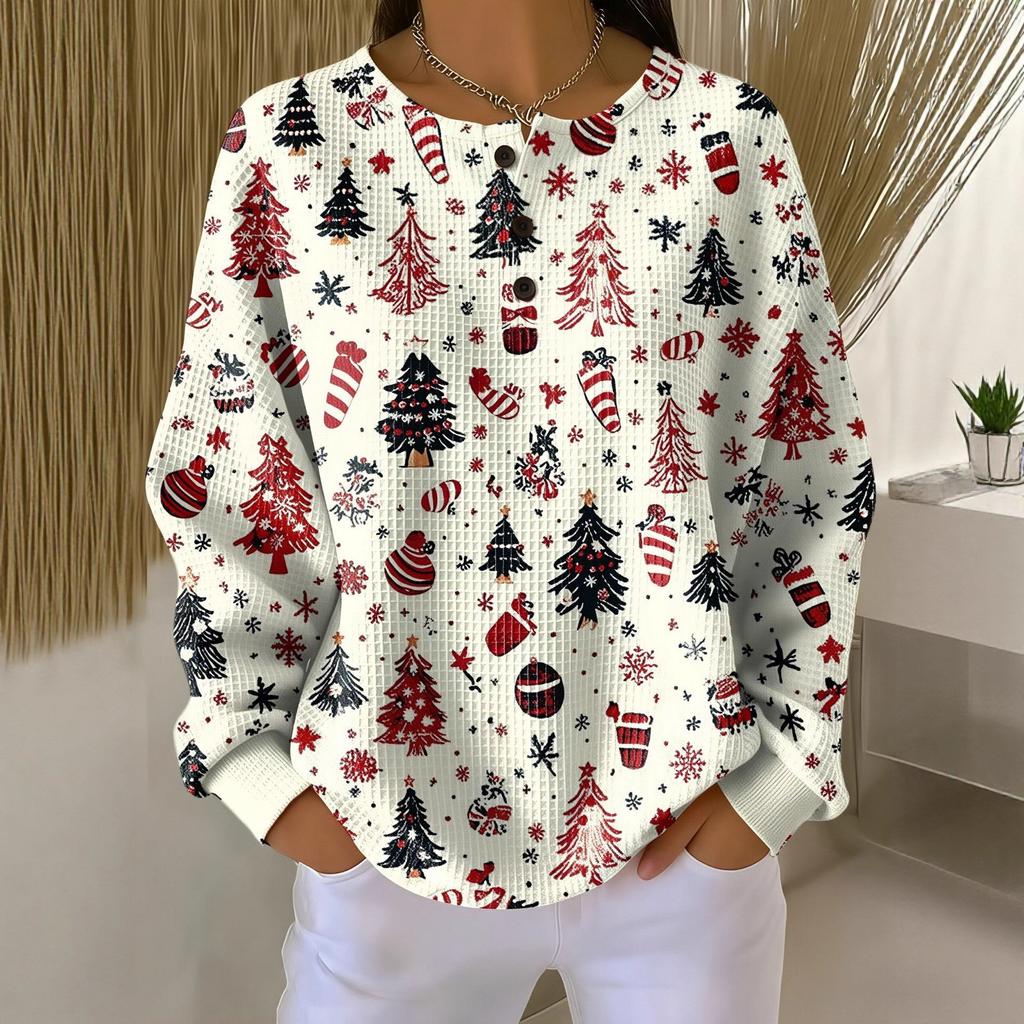 Women's Crew Neck Long Sleeve Waffle Knit Henley Top Loose Fit Casual Sweatshirt
