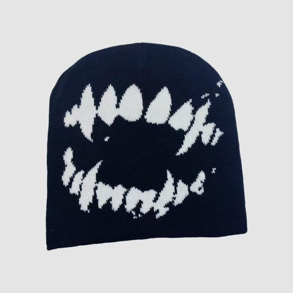 Elastic Y2K Knitted Hat Halloween Black White Pullover Cap Personality Jacquard Woolen Hat  Girls
