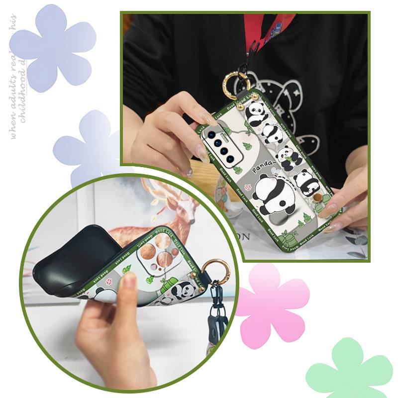 Fashion Design Cute Phone Case For Tecno Camon17P Phone Holder Cartoon Back Cover Shockproof Panda Silicone Ring Lanyard
