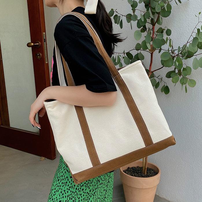Simple contrasting color canvas bag ins Japan and South Korea new commuter versatile personality large capacity casual shoulder tote bag