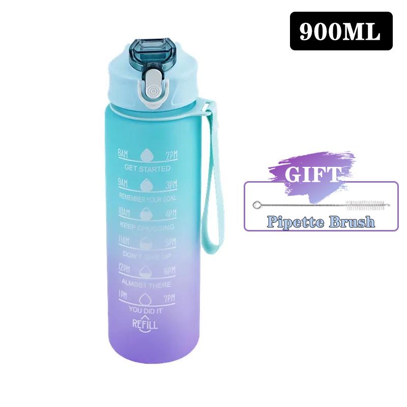 900/1000ml Sports Bottle with Time Scale Outdoor Gradient Color Sports Bottle Portable Fitness Motivational Straw Mug BPA Free