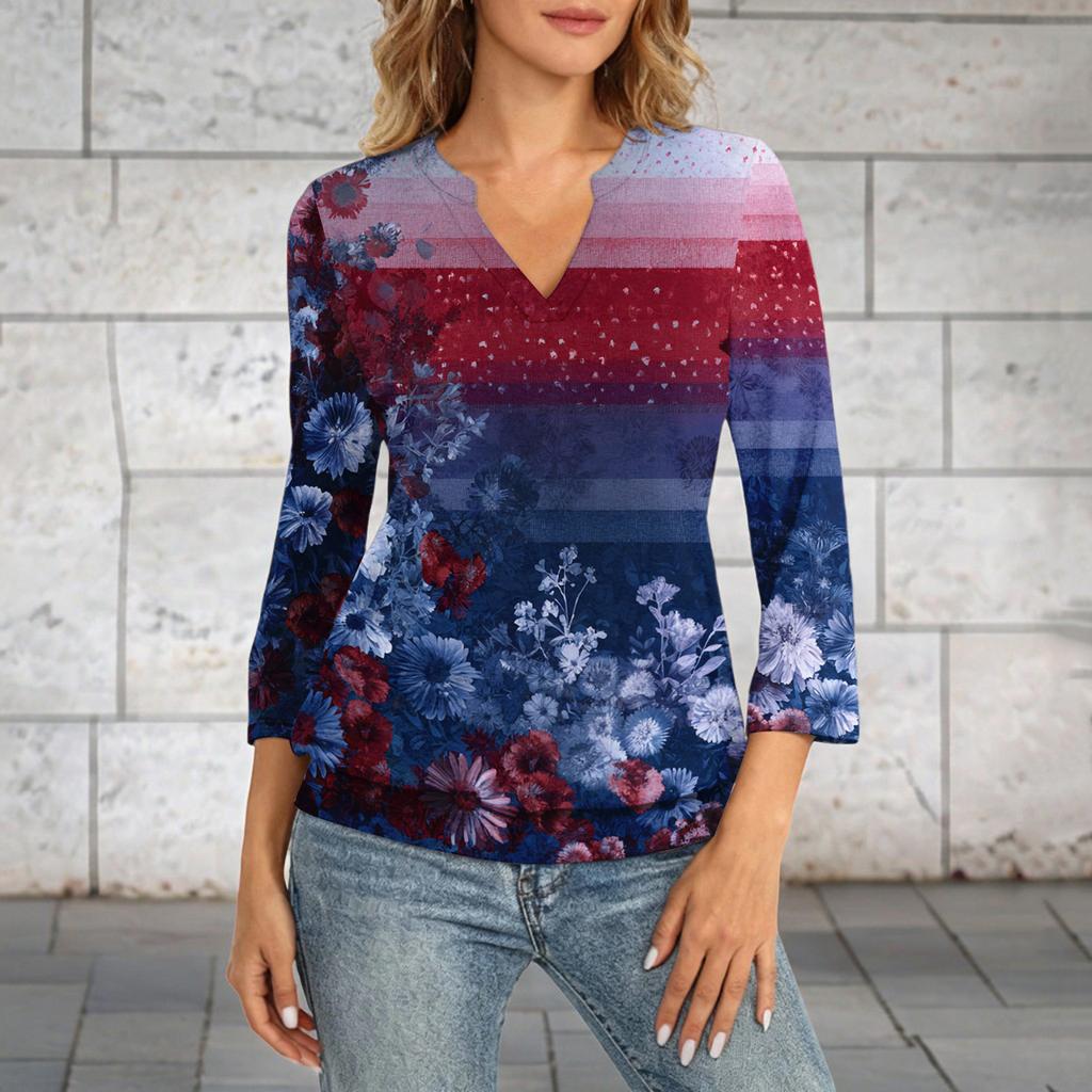 Women's 3/4 Sleeve Neck Hem V-Neck Summer Casual Base Top Independence Day Printed Top
