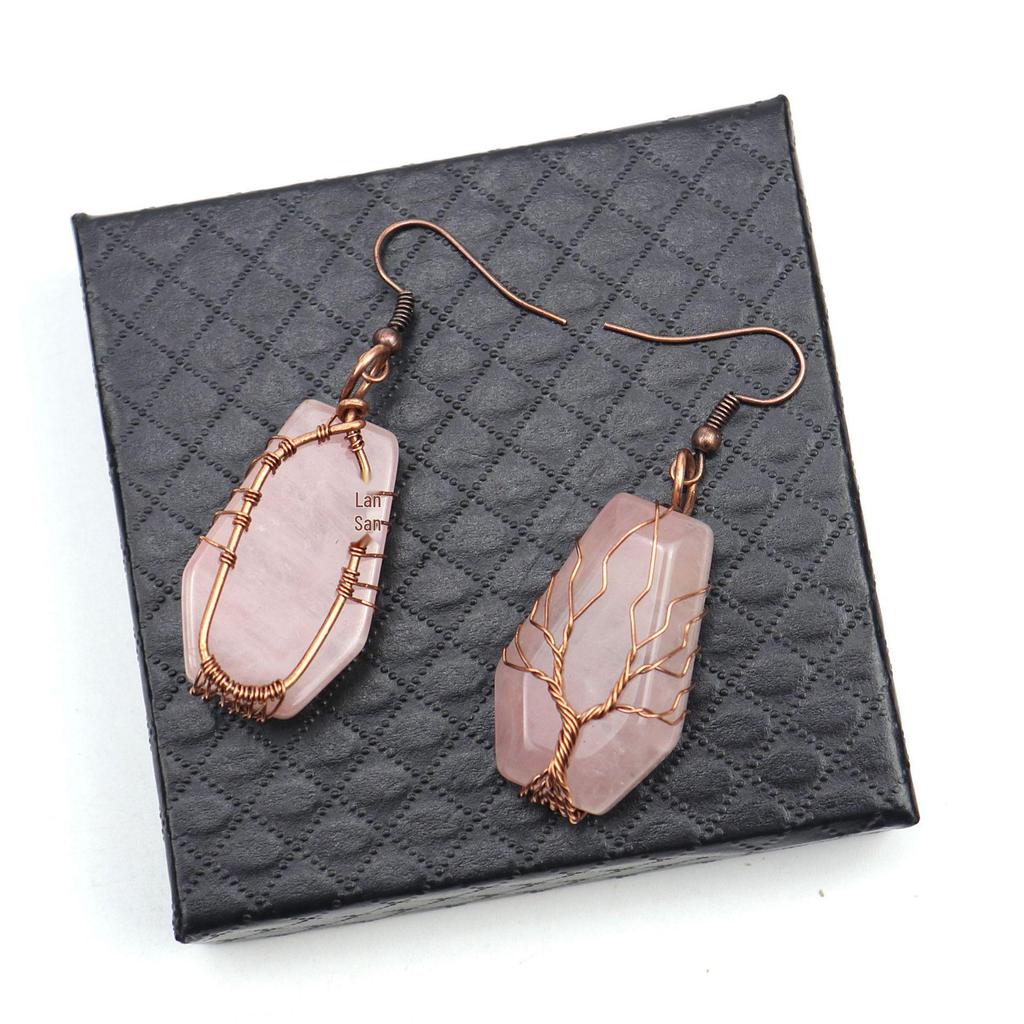 Handmade Agate Coffin Board Tree of Life Earrings - Natural Stone Crystal Dangle for Wealth and Harmony.