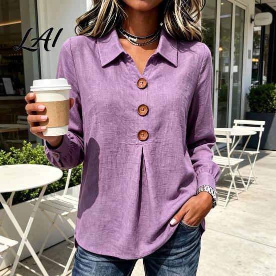 Comfortable Spring Autumn Blouses Women Button Down Shirt Blouse Long Sleeve V Neck Loose Flowy Wrinkle Resistant Moisture Wicking Shirts Breathable