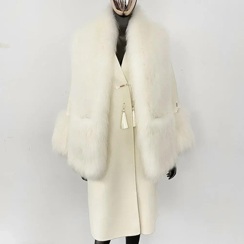 

OFTBUY Осень-зима Женское пальто из натурального лисьего меха с V-образным вырезом Двусторонняя шерстяная куртка из смесей Толстая теплая повседневная новая верхняя одежда L белый