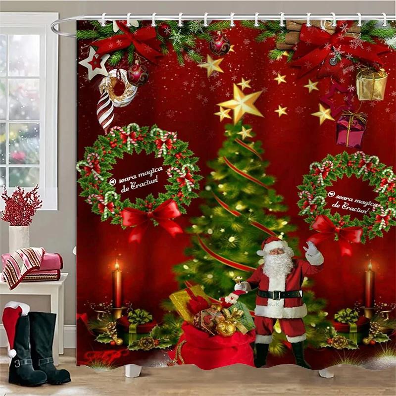 Christmas Tree Stocking Bells Print Bathing Curtain  Bathroom Shower Curtain With 12 Hooks Bathroom Home Decor and Accessories
