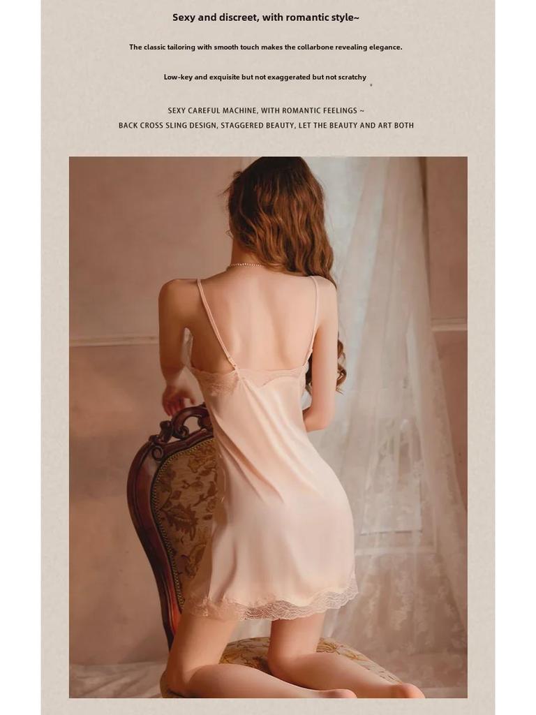 2024 Women's Sexy Ice Silk Lace Nightdress with Stylish Back