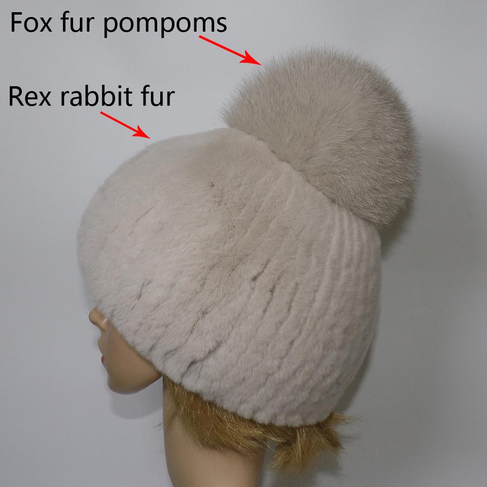 Winter Women Luxuryt Rex Rabbit Fur Hat With Fox Fur Pompoms Natural Warm Fur Hats Girls Knitted Fluffy Real Rex Rabbit Fur Caps