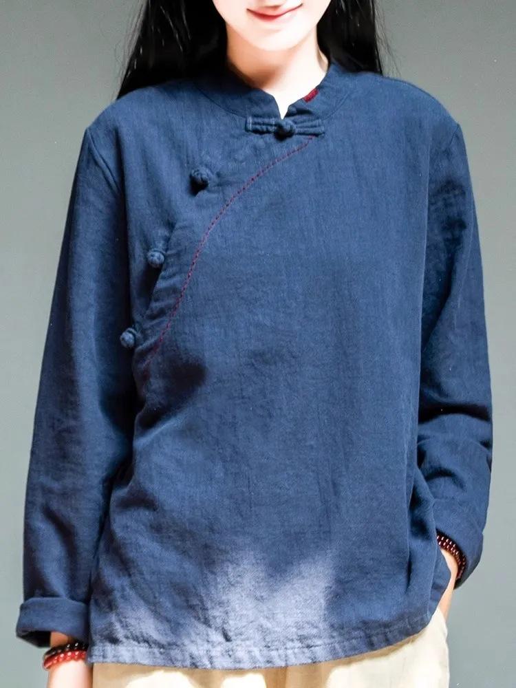 Cotton and linen stand-up collar long-sleeved women's spring and autumn new buckle pullover top long-sleeved T-shirt