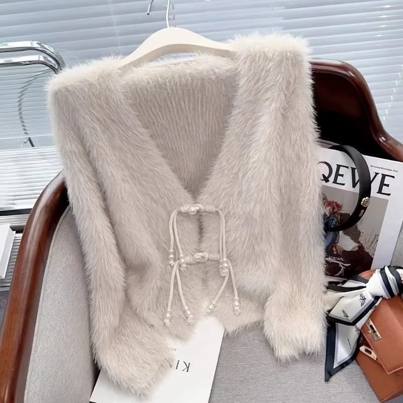 Imitation Mink Velvet Cardigan for Mature Women - Loose Pearl Button Knit Outerwear for Autumn/Winter