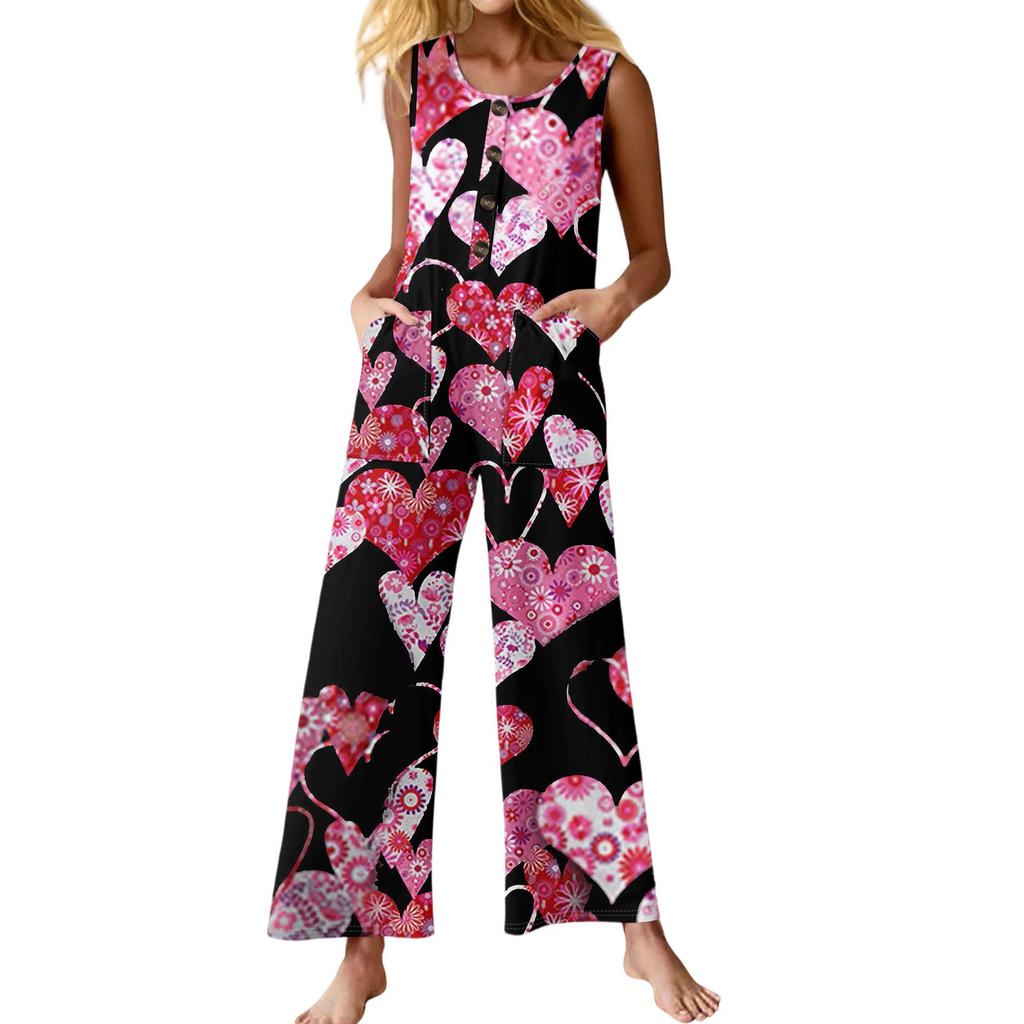 Women's Fashion Casual Button Sleeveless Jumpsuit Floral Flower Print Cotton Pocket Jumpsuit