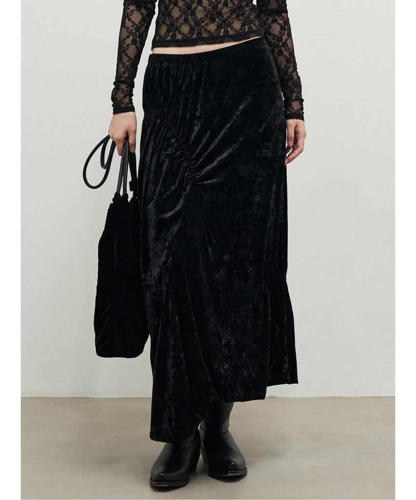 Anggae Asymmetric Washed Velvet Shirring Skirt Black