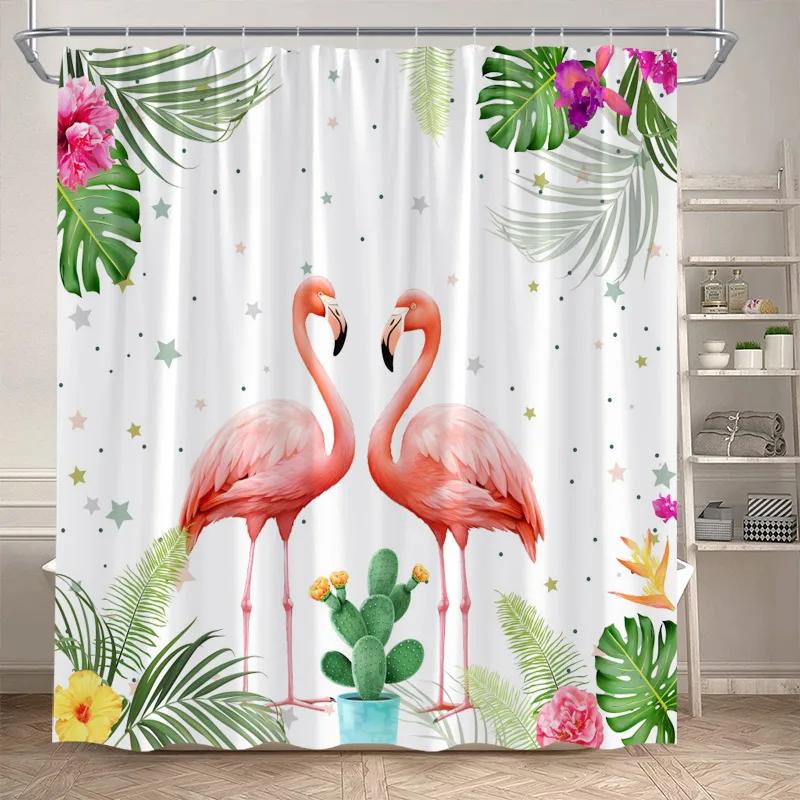 

Тропические джунгли Фламинго Шторки для душа Животные Озеро Цветы лотоса Пальма Растение Лесной пейзаж Тканевая занавеска для ванной Декор 90x180cm-35x70in