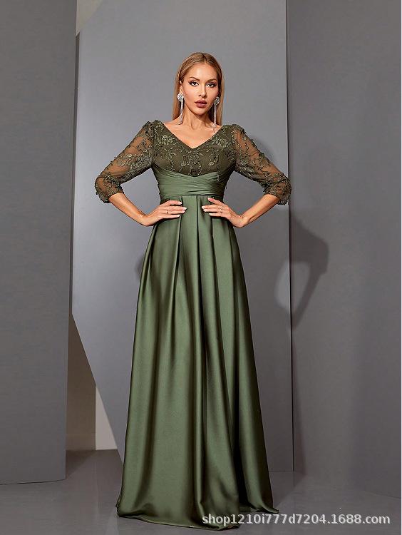 New satin V-neck long-sleeved dress slim-fitting