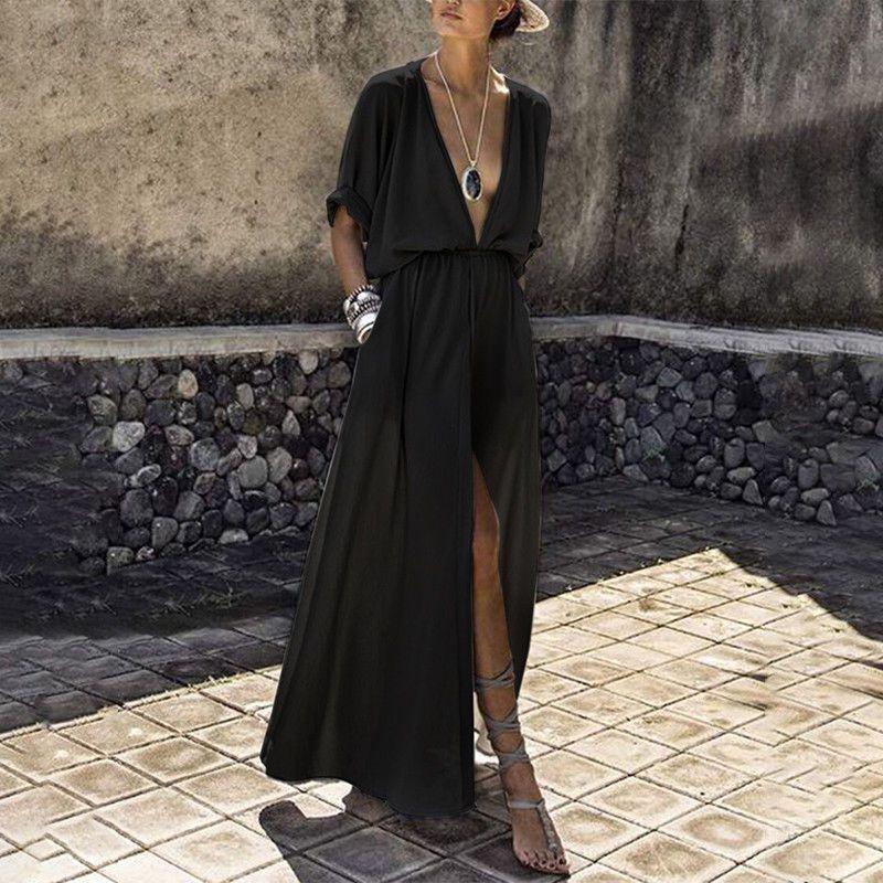 Elegant Women Deep V Neck Maxi Dress With Half Sleeve For Summer Beach Holidays