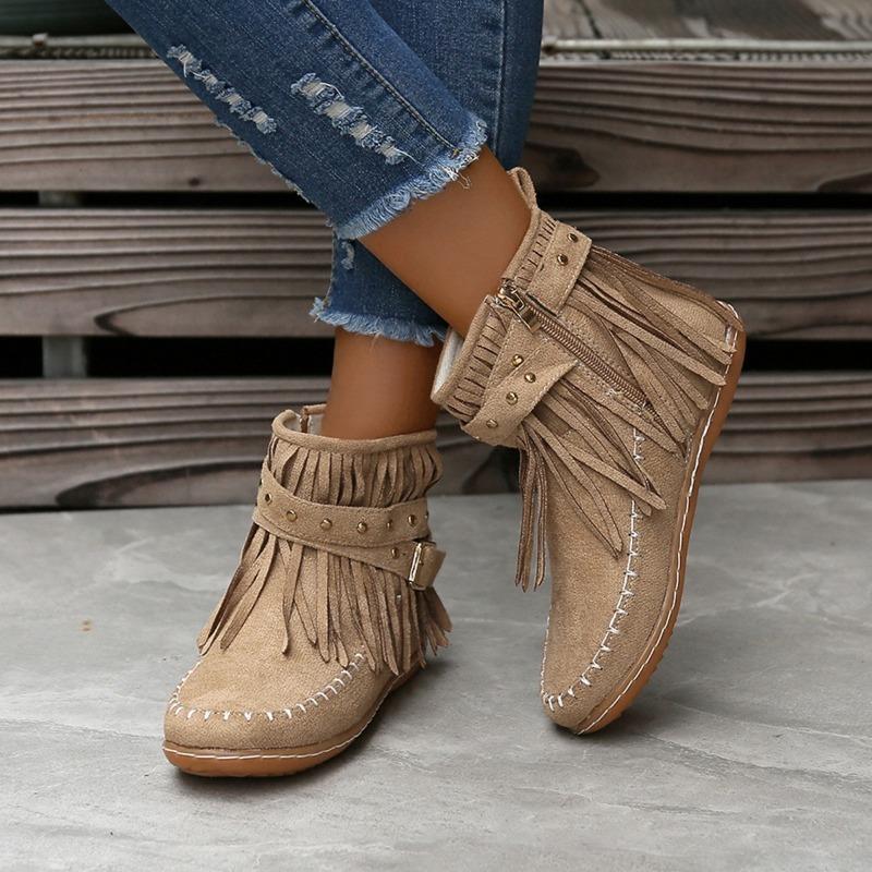 Autumn and winter large size hot-selling women's flat-bottomed fringed boots low tube round head belt buckle flat-heeled Martin boots