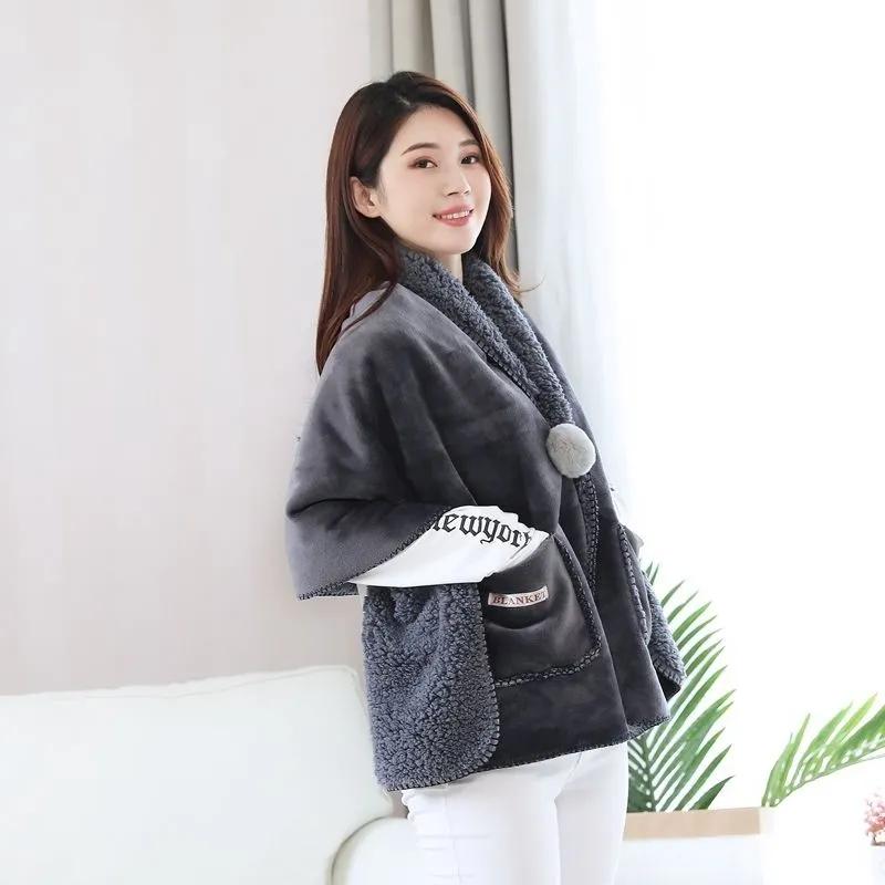 Autumn  Winter Multi Functional Shawl Blanket Office Nap Blanket Thick Flannel Lamb Wool Blanket Knee Blanket Fur Ball Pocket Mantle Shawl