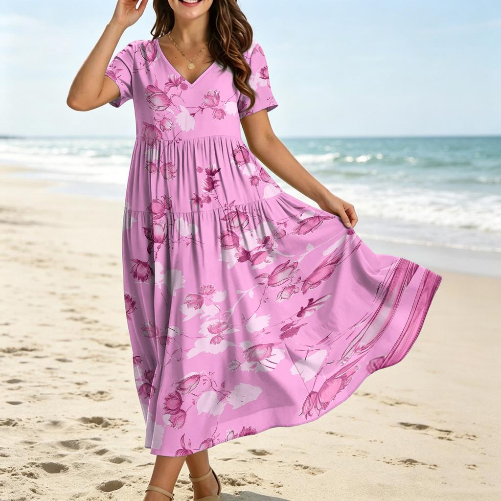 Women’s Casual Loose Fit Bohemian Style Short Sleeve V Neck Printed Maxi Dress for Summer and Spring Outings and Daily Wear