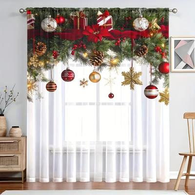 2 Stück Premium Weihnachts Kiefer & Kugel Muster Vorhang - Tunnelzug Design Halbtransparente Vorhänge für Wohnzimmer, Küche Feiertagsdeko