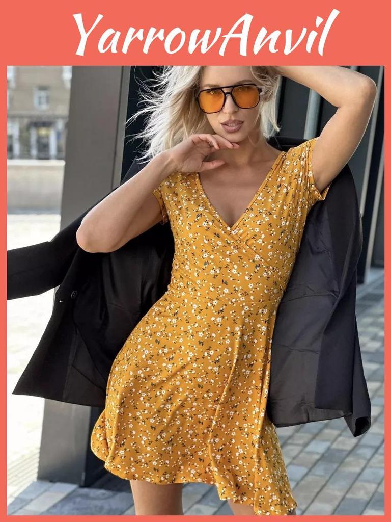Summer Floral Knit Dress With Vneck Short Sleeves For Casual Women