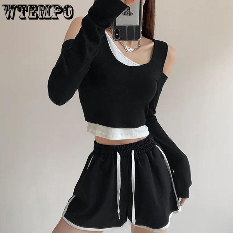 WTEMPO Tricouri patchwork pentru femei False din două piese cu mânecă lungă Y2K Topuri decupate Cămăși subțiri pentru femei Streetwear Clubwear