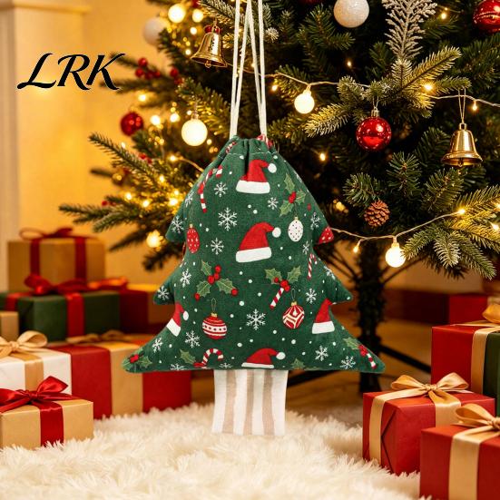 Flannel Christmas Decorations Tree Shaped Drawstring Gift Bags, Xmas Hanging Treat Sacks, Seasonal Home Decor Holiday Candy Small Storage Pouches for