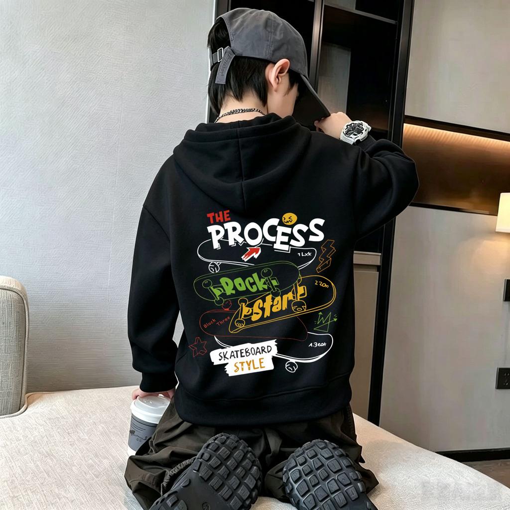 Kids Hooded Sweatshirt Autumn Winter, Skateboard Letter Print On Back, Unisex Pullover Hoodie Casual Warm To