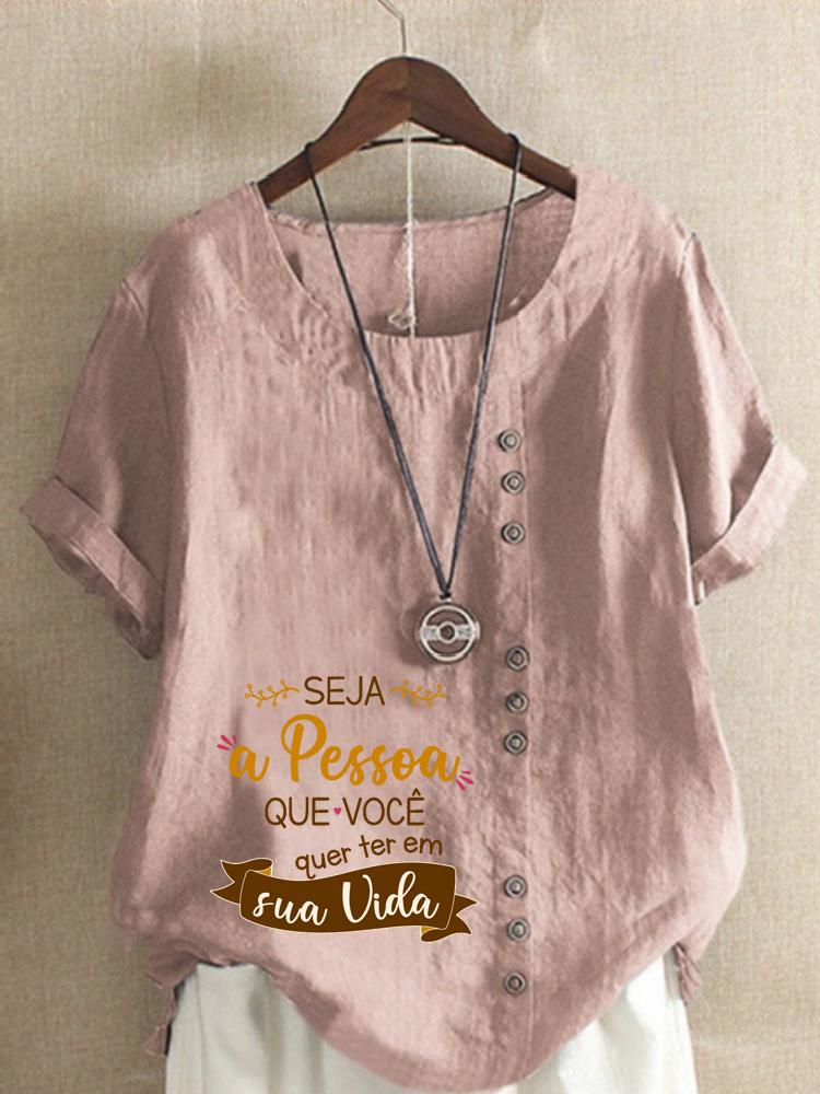 Women's Fashion Letter Print Round Neck Short Sleeve T-shirt Casual Cotton Linen Graphic Shirt Leisure Loose Summer Blouse Tops