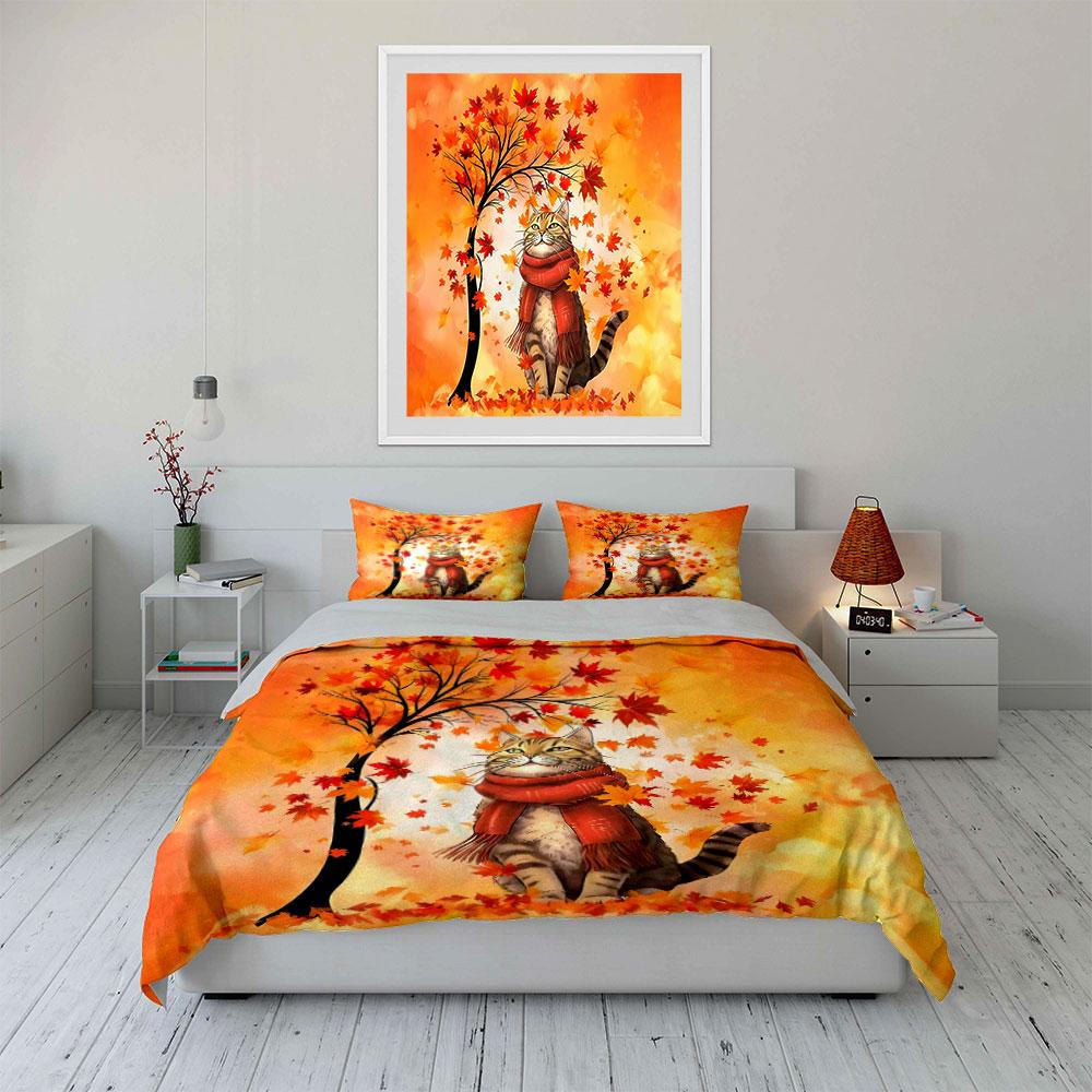 Autumn Cat Art Decor Soft Comfortable Duvet Cover Bedding Set Included 1*Duvet Cover & 2*Pillowcases, Gift