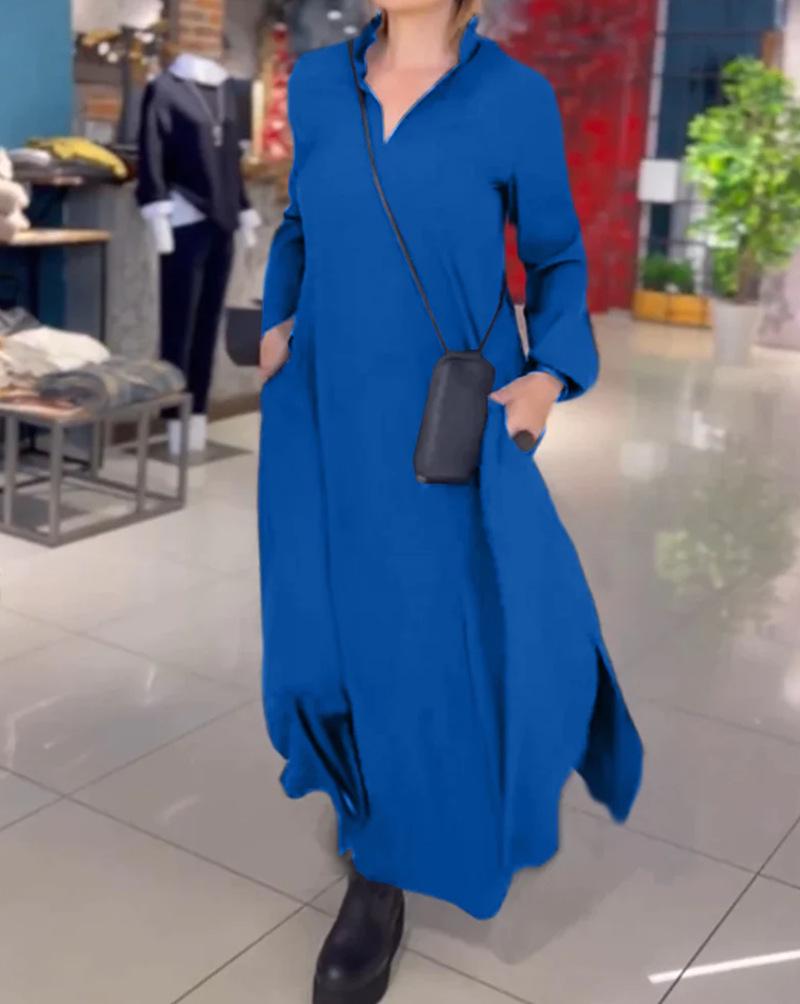 2024 European & American Autumn/Winter Casual V-Neck Long-Sleeve Solid Dress for Women