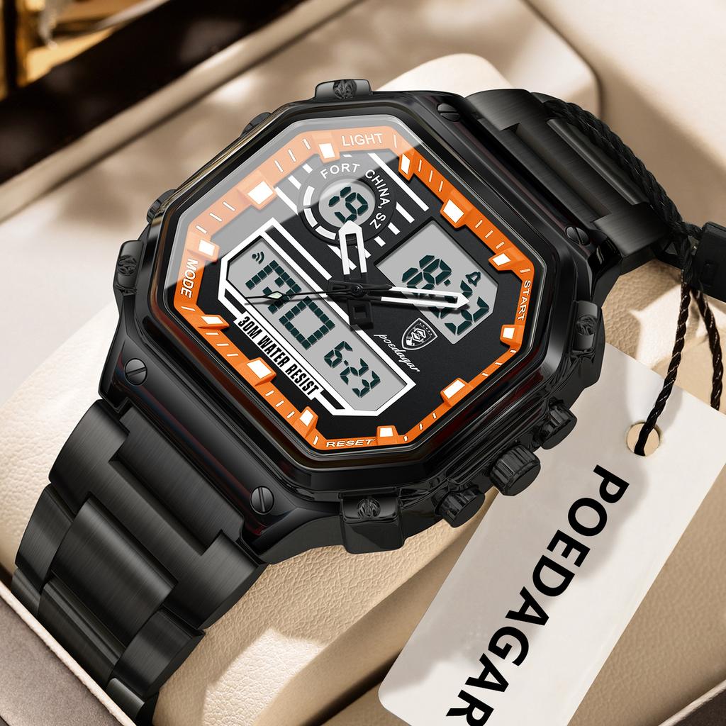 POEDAGAR Top Luxury Men Quartz Watch Waterproof Stainless Steel LED Man Watch Week Date Sports Military Electronic Watches