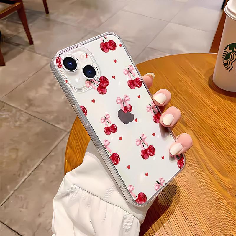 Cherry bow transparent mobile phone case Apple 16 fairy mobile phone case iphone15 simple small fresh protective case