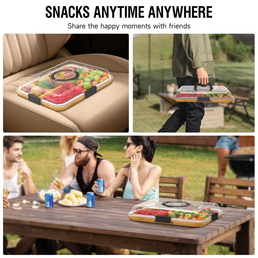 Charcuterie Board With Lid Portable Bamboo Cheese Board Snackle Fruits Divided Serving Tray for Party Picnic Locking Handles