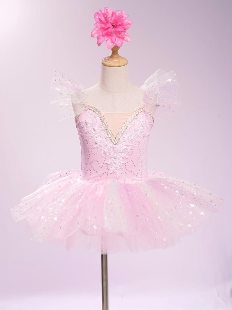 Vestido de Princesa para Ballet de Menina Sem Mangas com Ombro de Babado Bordado Lantejoulas Pérolas Conjunto de Roupa Tutu