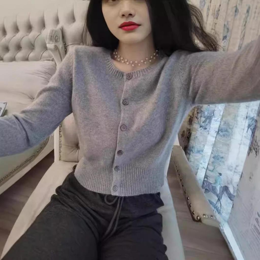 Premium Korean Style 100% Pure Wool Knitted Cardigan - Women's Spring/Autumn Short Base Coat