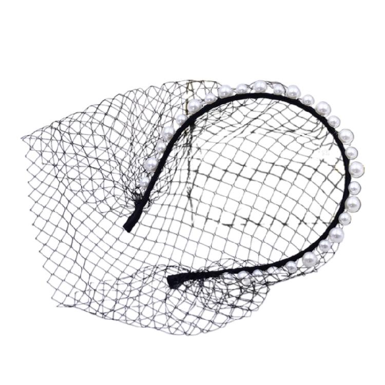 Breathable Face Veil Hairband Bridal Shower Hairhoop Head Accessory with Pearls Decors for Special Occasion Formal Outfit