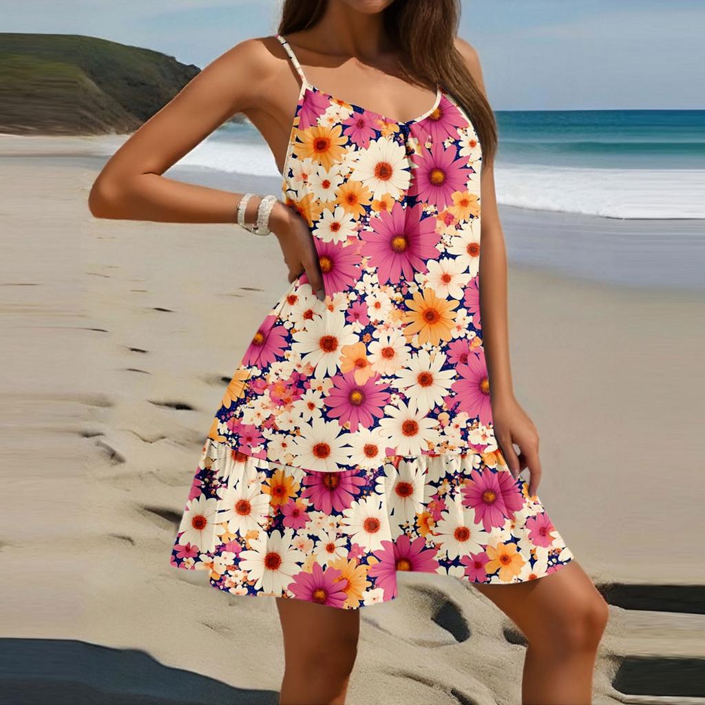 Women's Fashion Casual Sleeveless Round Neck Loose Floral Print Beach Dress