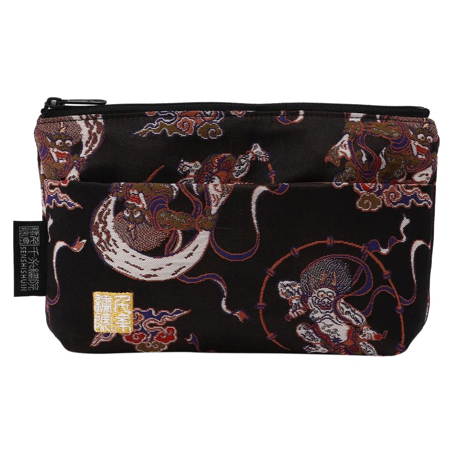 Senshishuin Nishijin Brocade Pouch Jet Black Wind and Thunder God Design (Lined) (Small)