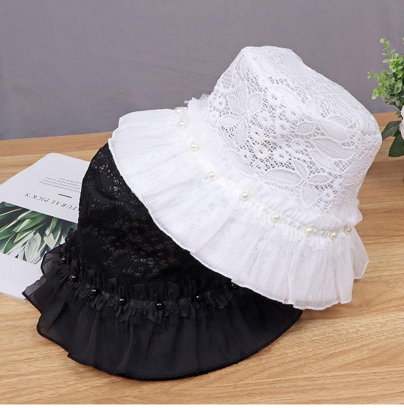 Elegant Lace Ruffle Wide Trim Bucket Hats for Women Ladies Outdoor Sun Caps Foldable Fisherman Hats for Travel, Beach, Hiking