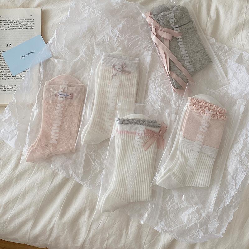 Female Summer Thin Ballet Style Bow Lace Medium Tube Pile Socks
