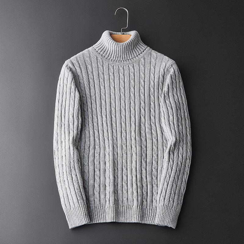 Men s Korean Style Slim Fit High Neck Cable Knit Wool Sweater - Long Sleeve, Solid Color, Autumn/Winter. 2XL