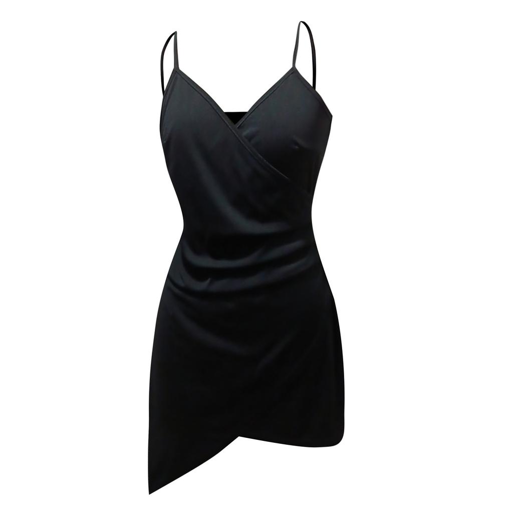 Women Fashion Color Irregular Dress Sleeveless Sling V-neck Dress